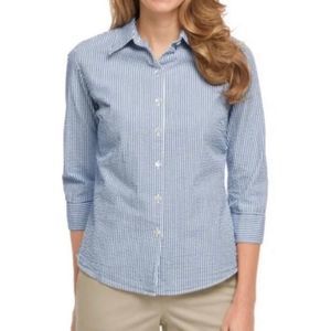 LL Bean Blue White Seersucker 3/4 Sleeve Button Up Shirt LARGE